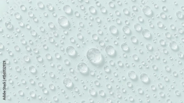 Fototapeta Clear water droplets in various sizes resting on a solid pale blue or light cyan surface background