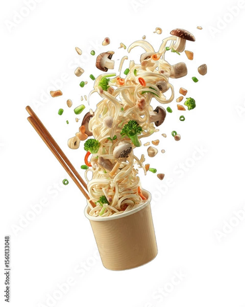 Obraz A disposable paper cup overflowing with noodles and mixed vegetables, chopsticks in foreground,  in a dynamic, high-angle, and vibrant composition