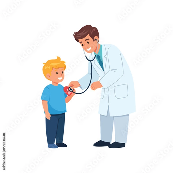 Fototapeta Smiling doctor using a stethoscope to examine a cheerful young boy's heart during a checkup.