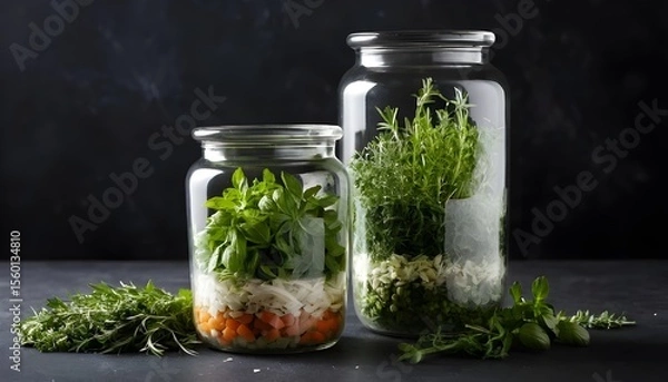 Fototapeta Glass Container Filled with Layered Fresh Herbs on a Dark Surface

