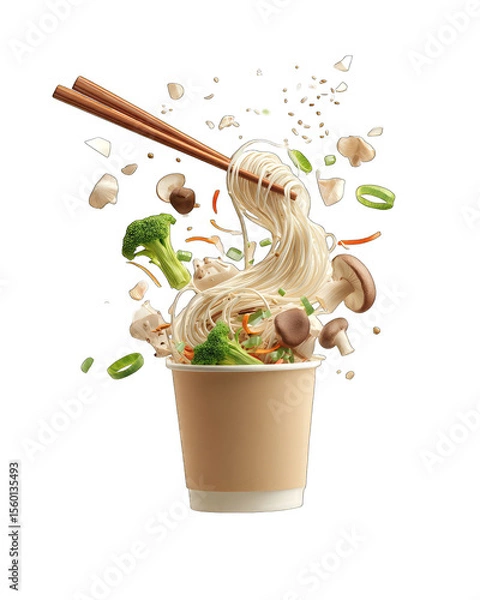 Obraz Paper cup of noodles with vegetables exploding out. Chopsticks reaching for noodles