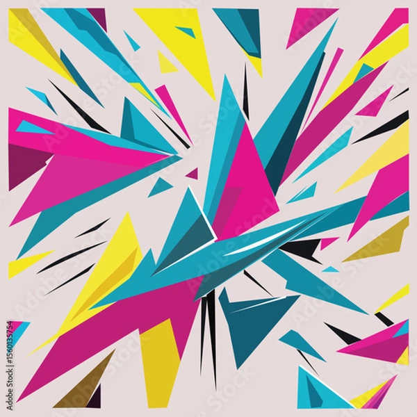 Fototapeta High-tech abstract geometric background, sharp diagonal blocks and lines in bright magenta, turquoise, and gold, with split background (half dark, half light). Clean flat vector, dynamic layout, moder