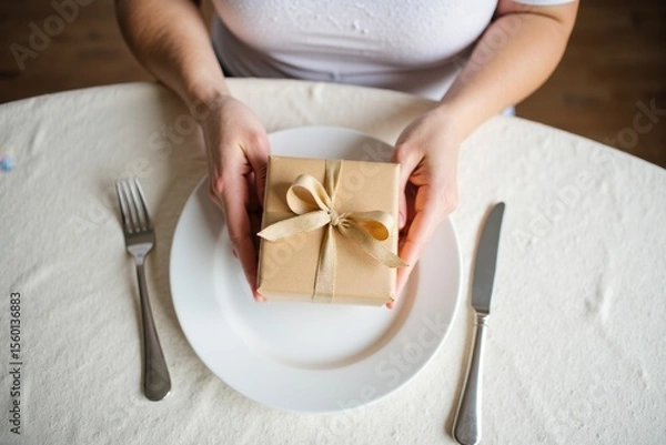 Fototapeta An elderly white woman is sitting at a table with a plate seen from above, holding a birthday gift box tied with a ribbon and bow. A fork and knife lie next to the plate on a lace tablecloth