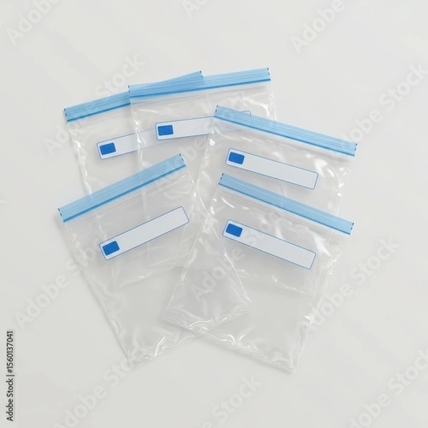 Fototapeta Set of transparent ziplock storage bags with blue label space, food-safe resealable packaging, organization and freezer storage solution, blank product mockup on white