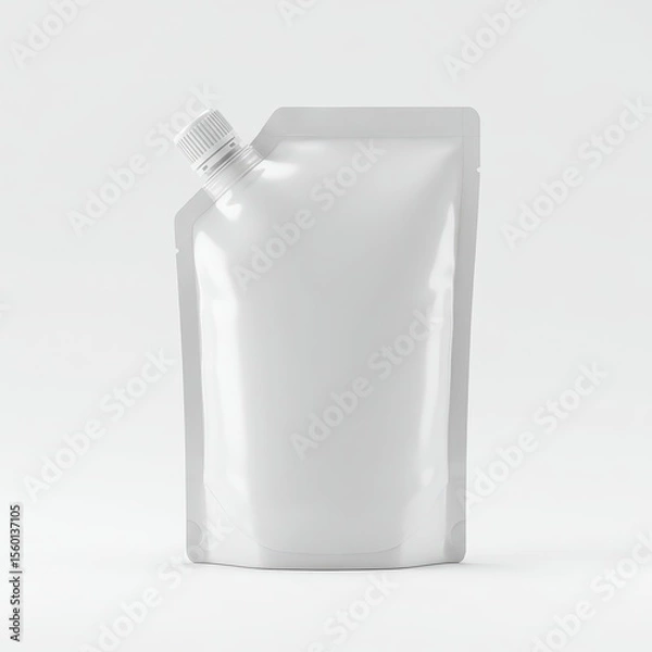 Fototapeta White spout pouch mockup with cap, stand-up flexible packaging for liquid food, drink, or gel products, isolated on white background, branding and label design template