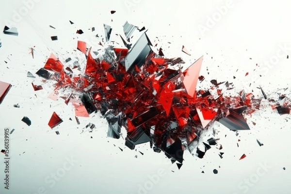 Fototapeta Shattered Reality Red and Gray Glass Explosion Fragmentation Abstract Destruction Impact Texture 3D