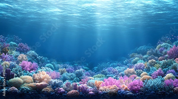 Fototapeta Vibrant coral reef under a bright blue ocean, sunlight filtering through clear water, creating a serene underwater scene