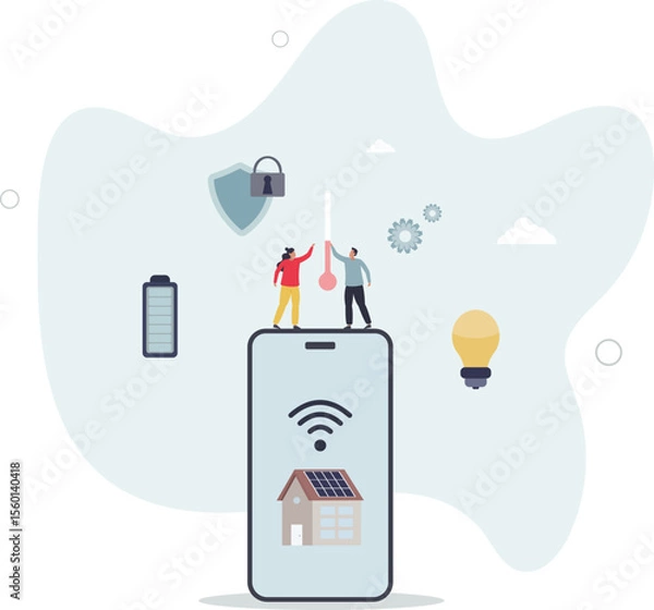Fototapeta Smart home, IOT administration.mobile app in phone monitoring system of building. character life .