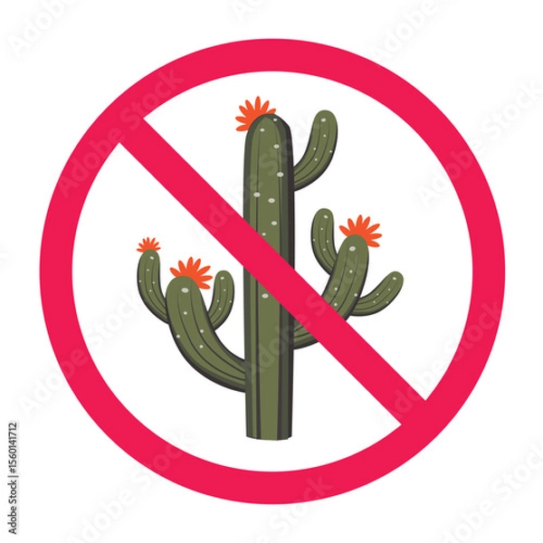 Obraz Forbidden sign with cactus tree icon, no cactus plant allowed sign, cactus prohibition symbol, isolated on white background