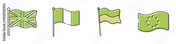 Fototapeta Set of various flags in green colors and simple line design  