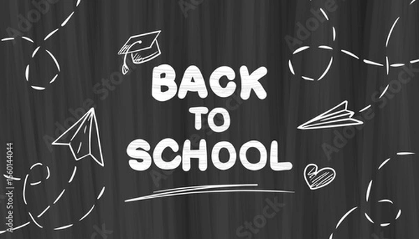 Fototapeta Horizontal Back to School banner with a blackboard background, text with texture effect, and hand-drawn scribbles. School motivational banner with space for text, announcements, and posters.