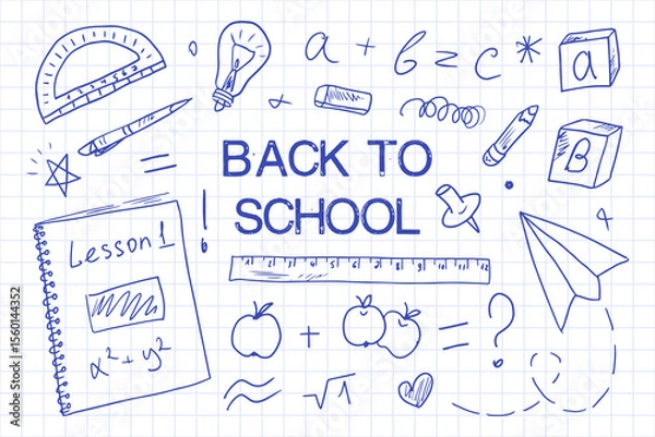 Fototapeta Banner Welcome Back to school. Doodle style school supplies drawn with a pen on a checkered paper page. Horizontal poster with text space, background with school supplies in vector