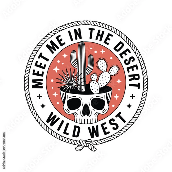 Fototapeta Desert Skull Cactus Illustration with Rope Border wild west
