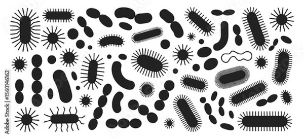 Fototapeta Black silhouette bacteria and virus icons in assorted microscopic forms, vector illustration set. Includes diverse pathogenic shapes such as rods, spheres and spirals for scientific use.