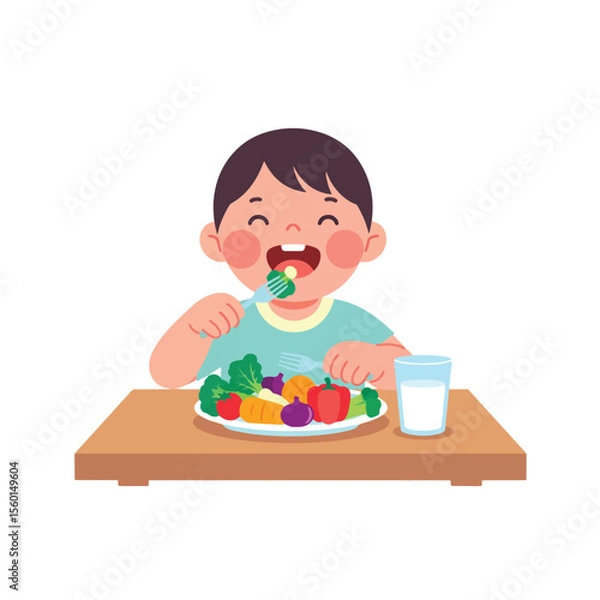 Fototapeta Happy child enjoys a healthy meal of vegetables and milk.