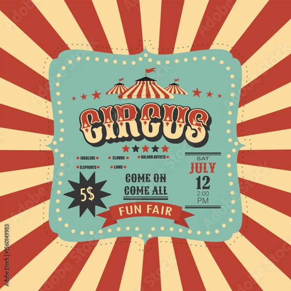 Fototapeta Circus retro invitation poster template with tent. Vector illustration
