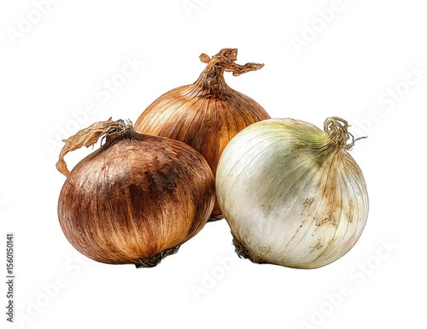 Obraz Three onions, varying shades of brown and white, displayed against a black background