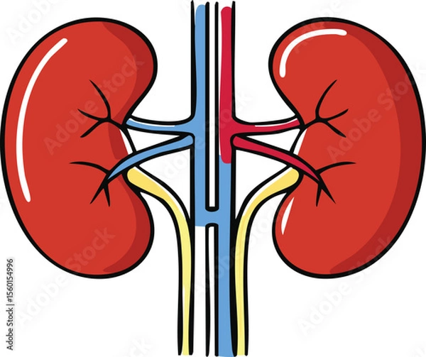 Obraz Illustration of the human kidneys, showing the renal arteries, veins, and ureters in a simplified anatomical view.