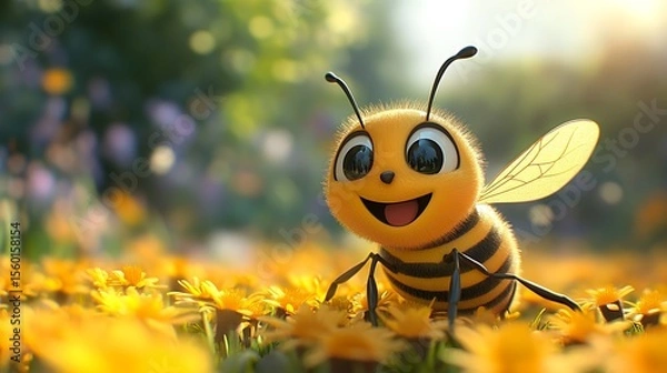 Obraz Happy bee in a flower field at sunrise