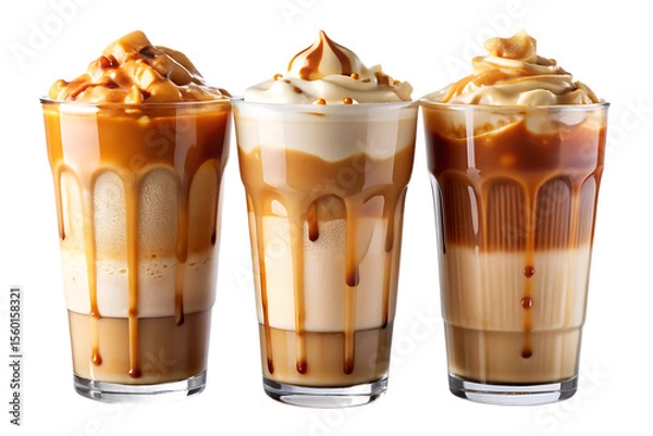 Fototapeta Three Caramel Frappuccino Drinks with Whipped Cream on Transparent Background
