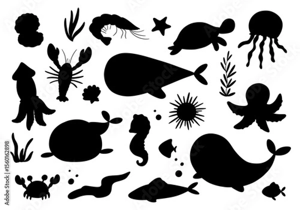 Fototapeta Sea whale, shrimp and urchin silhouette. Ocean underwater animals isolated on white background. Seaweed black hand draw illustration