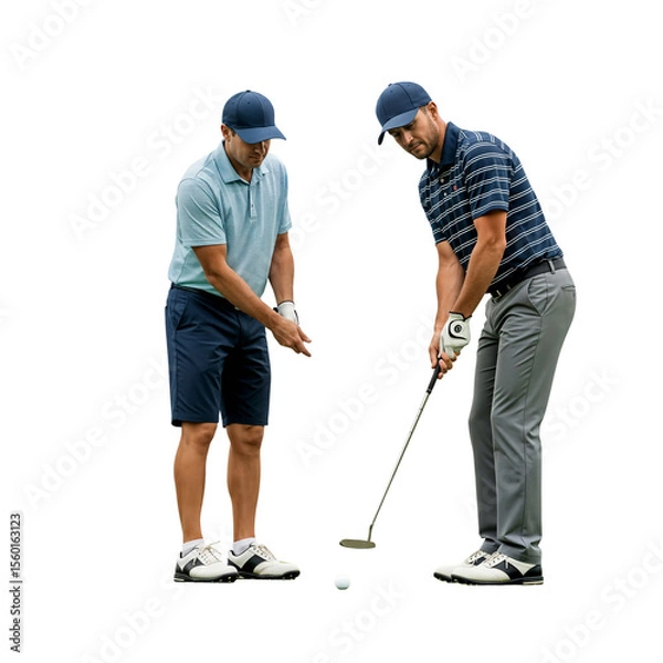 Obraz Two men practicing golf on a transparent background. One man is Asian, wearing a light blue shirt and shorts. The other is Caucasian, in a striped shirt and gray pants.
