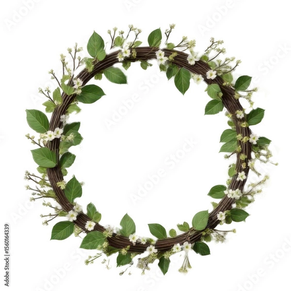 Obraz Festive Green Leaf and White Flower Wreath Decoration on Transparent Background for Celebration and Decoration Element for Holiday Spring