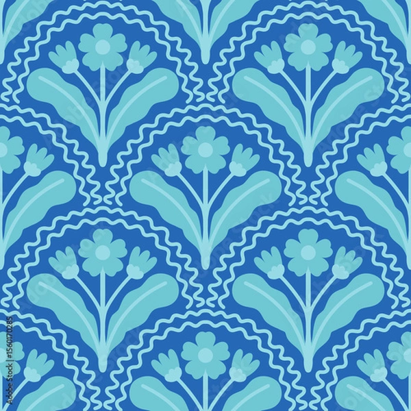 Fototapeta Floral arch seamless pattern. Scallop half circle geometrical botanical ornament. Art nouveau stylized hand drawn symmetrical blue flowers and leaves on bright background. Repeat allover backdrop