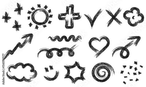Fototapeta Doodles, Scribbles Elements Drawn with Crayon, Grunge, Charcoal, Hand Drawn Shapes with Chalk Texture, Vector Set Sketches, Isolated