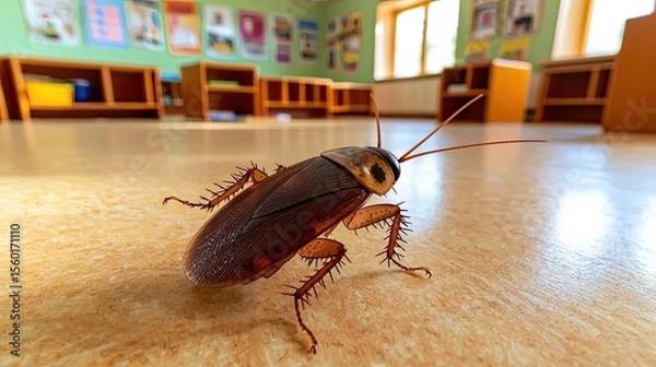 Obraz A close-up of a brown cockroach on a classroom floor. The room has colorful educational posters and wooden shelves in the background.