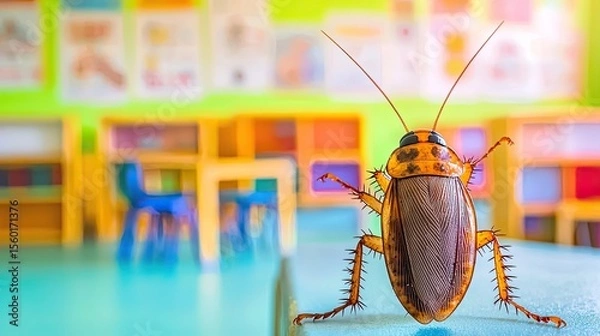 Obraz A close-up of a large brown cockroach on a table in a colorful classroom. The background features bright walls and wooden furniture, creating a vibrant educational environment.