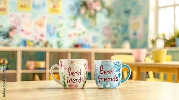 Obraz Two colorful mugs with the text 'best friends' on a wooden table. The background features a bright, cheerful room with floral decorations and pastel colors.