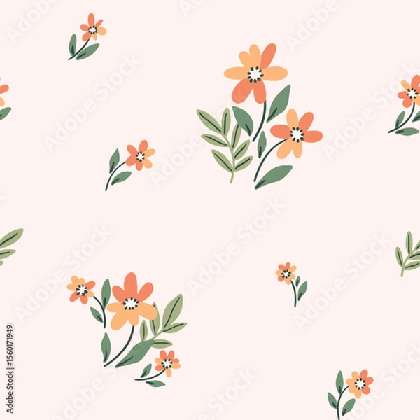 Fototapeta Seamless floral pattern, cute ditsy print of pretty yellow daisies. Liberty botanical design in country, folk motif. Small hand drawn flowers, tiny leaves abstract on white. Vector illustration.
