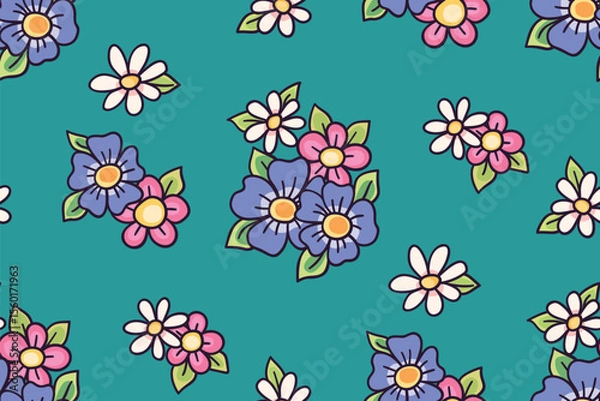 Fototapeta Seamless floral pattern, cute ditsy print with simple hand drawn plants. Pretty botanical design in girly style. Small daisy flowers, tiny leaves, bouquets in summer colors. Vector illustration.