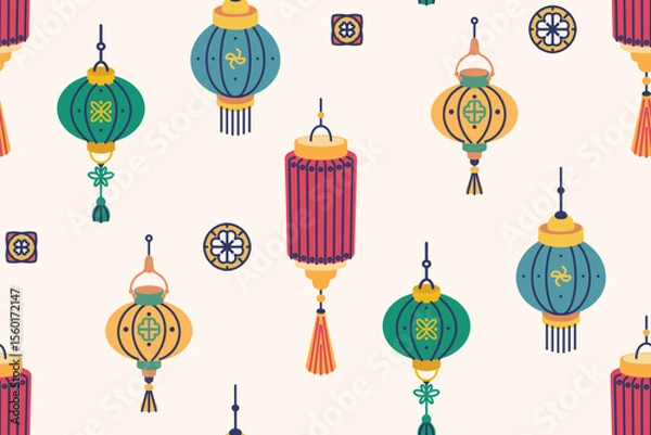 Fototapeta Seamless pattern, simple ornament with traditional festive lanterns. Cute surface design with colorful Chinese paper lanterns. Wallpaper, textile decor. Vector illustration.