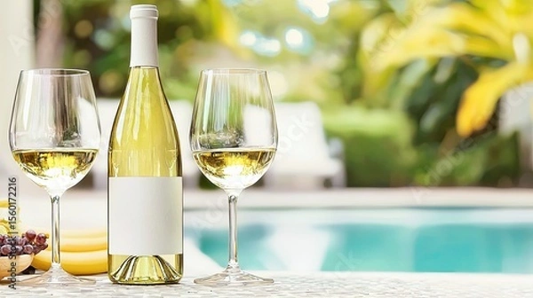 Obraz A bottle of white wine sits on a table beside two glasses. Fresh fruits, including grapes and bananas, are nearby. A swimming pool and tropical plants are in the background.