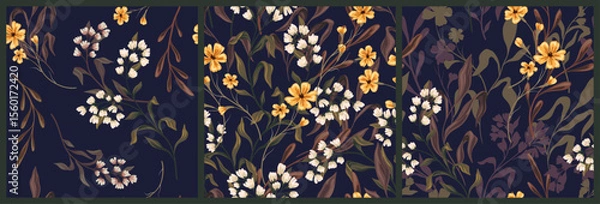 Fototapeta Seamless floral pattern, abstract nature print in dark autumn, winter tones. Elegant botanical design of small hand drawn wild flowers, branches, large foliage on purple field. Vector illustration.