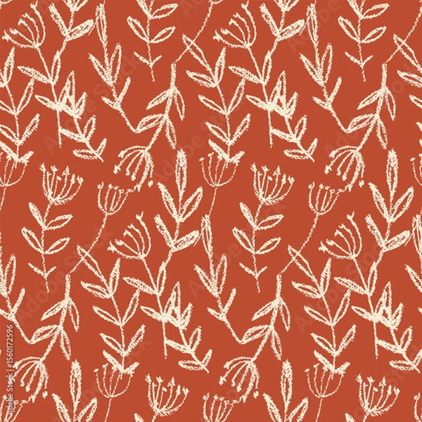 Fototapeta Seamless floral pattern, abstract nature print with sketch silhouettes of wild plants. Stylish botanical design of hand drawn flowers, large leaves. Vector illustration in two colors.