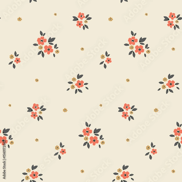 Fototapeta Seamless floral pattern, liberty ditsy print of mini pretty daisies. Cute botanical design of small hand drawn flowers, tiny leaves, simple bouquets in country fashion motif. Vector illustration.