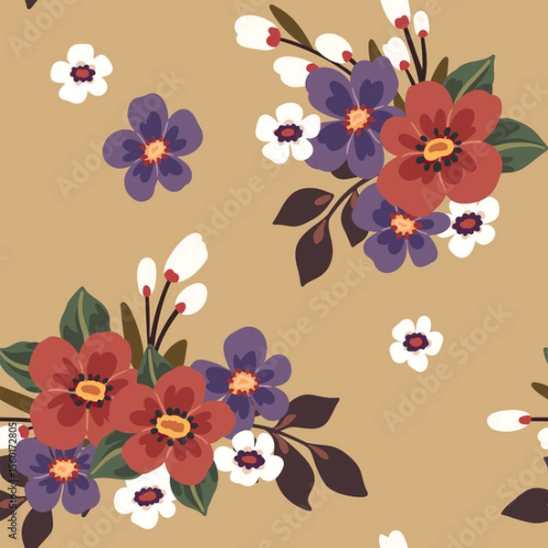 Fototapeta Seamless floral pattern, simple flower ornament in vintage motif. Beautiful botanical design, wallpaper, textile print of small hand drawn flowers, leaves, cute autumn bouquets. Vector illustration.