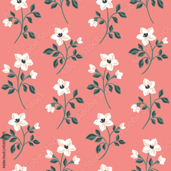 Fototapeta Seamless floral pattern, simple ditsy ornament, print of small hand drawn branches. Vintage botanical decor of small flowers, thin twigs with tiny leaves on pink background. Vector illustration.