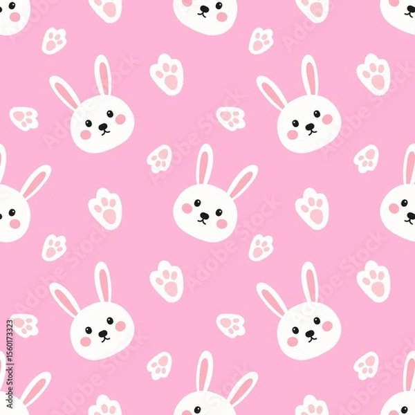 Fototapeta Cute bunny face and paw pattern on pink background. Adorable and playful design perfect for kids, baby products, or nursery decor.