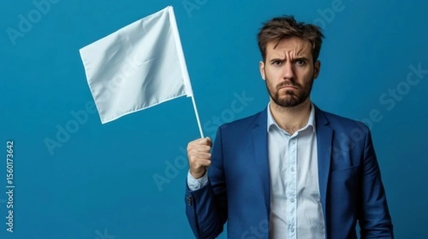 Fototapeta Man Holding White Flag, Surrendering, Giving Up, Defeat, Busines