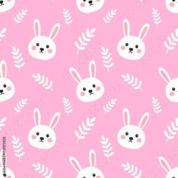 Fototapeta Cute bunny face and leaf pattern on pink background. Adorable and playful design, perfect for kids, baby products, or spring-themed decorations.