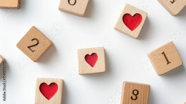 Fototapeta Wooden Blocks with Numbers and Hearts on White Background