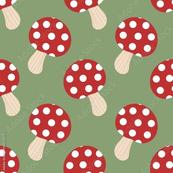 Fototapeta Cute red mushroom pattern with white dots on green background. Fun and whimsical design, perfect for kids, woodland themes, or nature-inspired products.