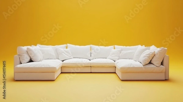 Fototapeta White Modular Sectional Sofa on Yellow Background