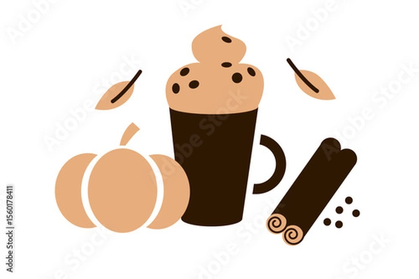 Fototapeta Pumpkin latte with whipped cream and chocolate chips, surrounded by cinnamon sticks, pumpkin, falling leave