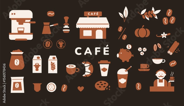 Fototapeta Set of flat vector coffee shop with espresso machine, barista, café building, drinks, pastries, ingredients, and tools.