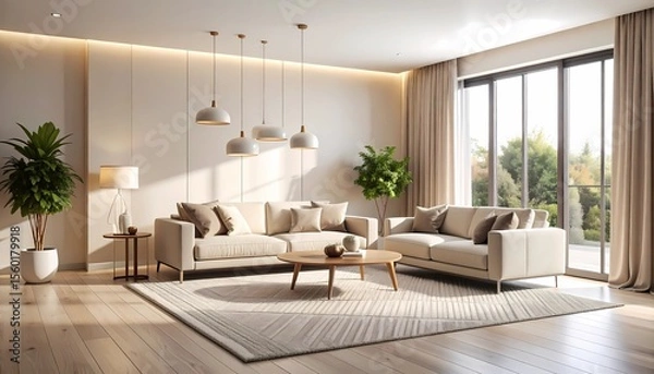 Fototapeta Sunlit modern living room with beige sectional sofa, area rug, and large windows offering garden view.